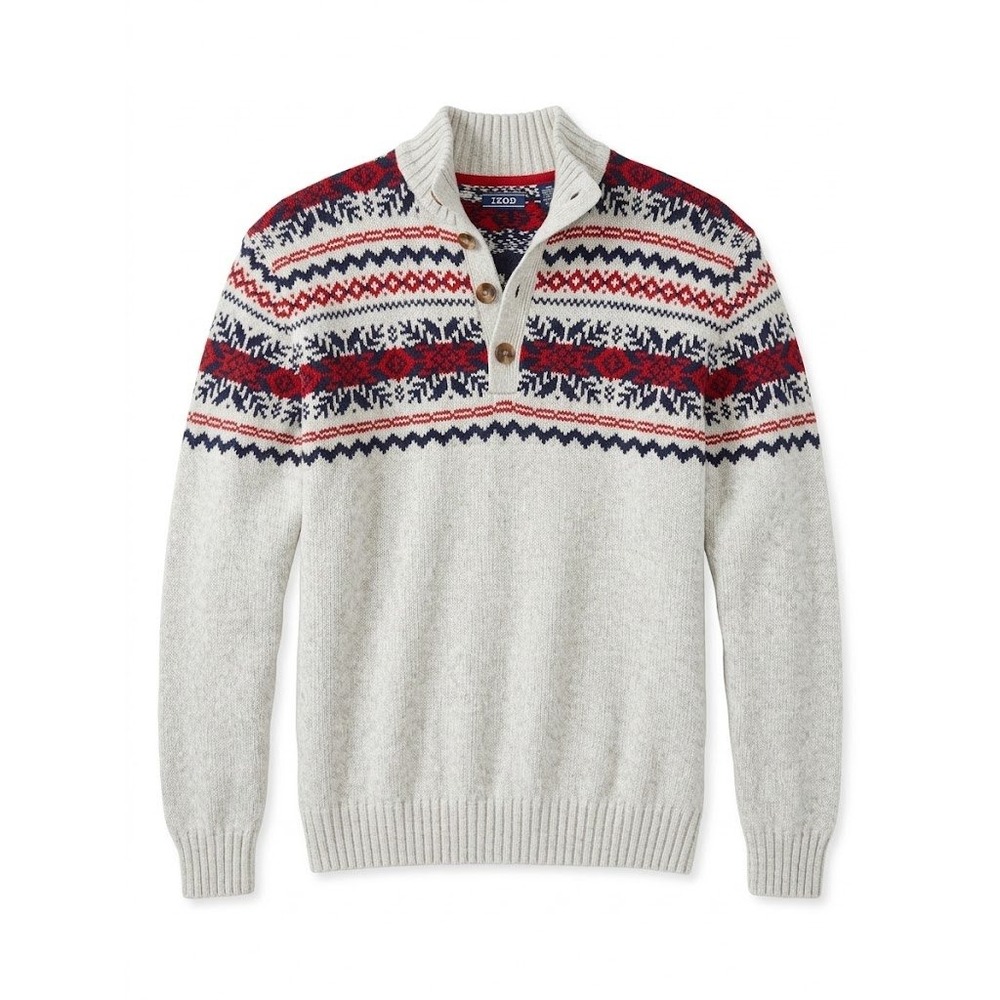 IZOD Fair Isle Quarter Button Pullover Sweater Mens Red Blue XL Mock Neck Knit